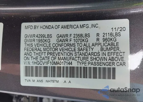 2021 Honda Accord Lx z USA, uszkodzony, nr VIN 1HGCV1F10MA017144